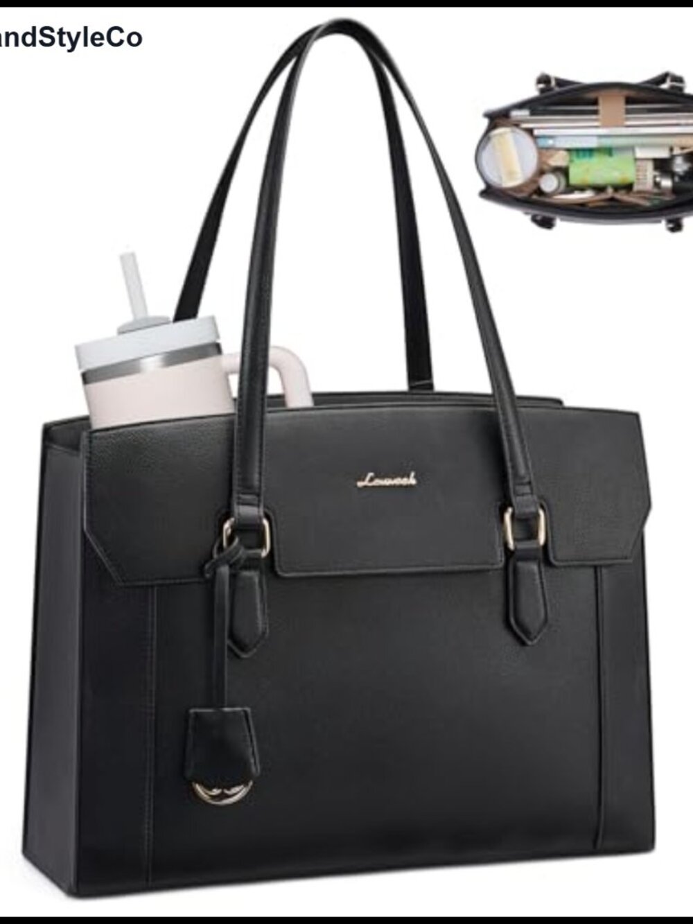 15.6in PU Leather Laptop Tote Bag Teacher Work Briefcase with Cup Holder